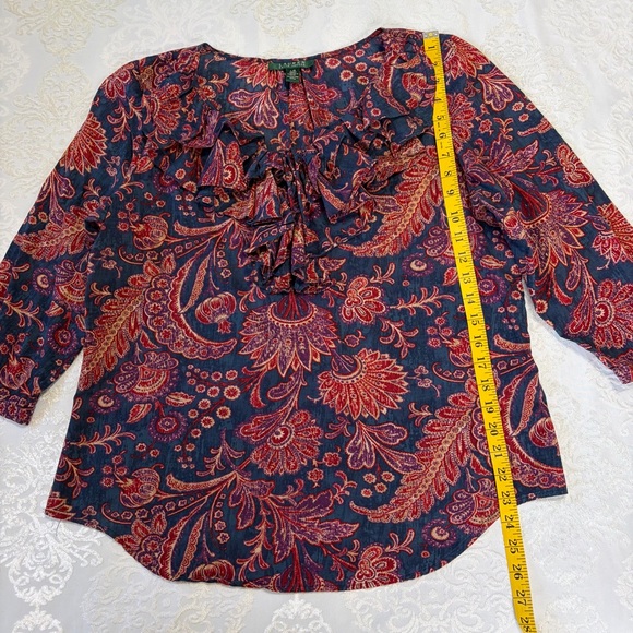 Lauren Ralph Lauren Ruffle Front Paisley 100% Cotton Blouse Size Large - Picture 6 of 8
